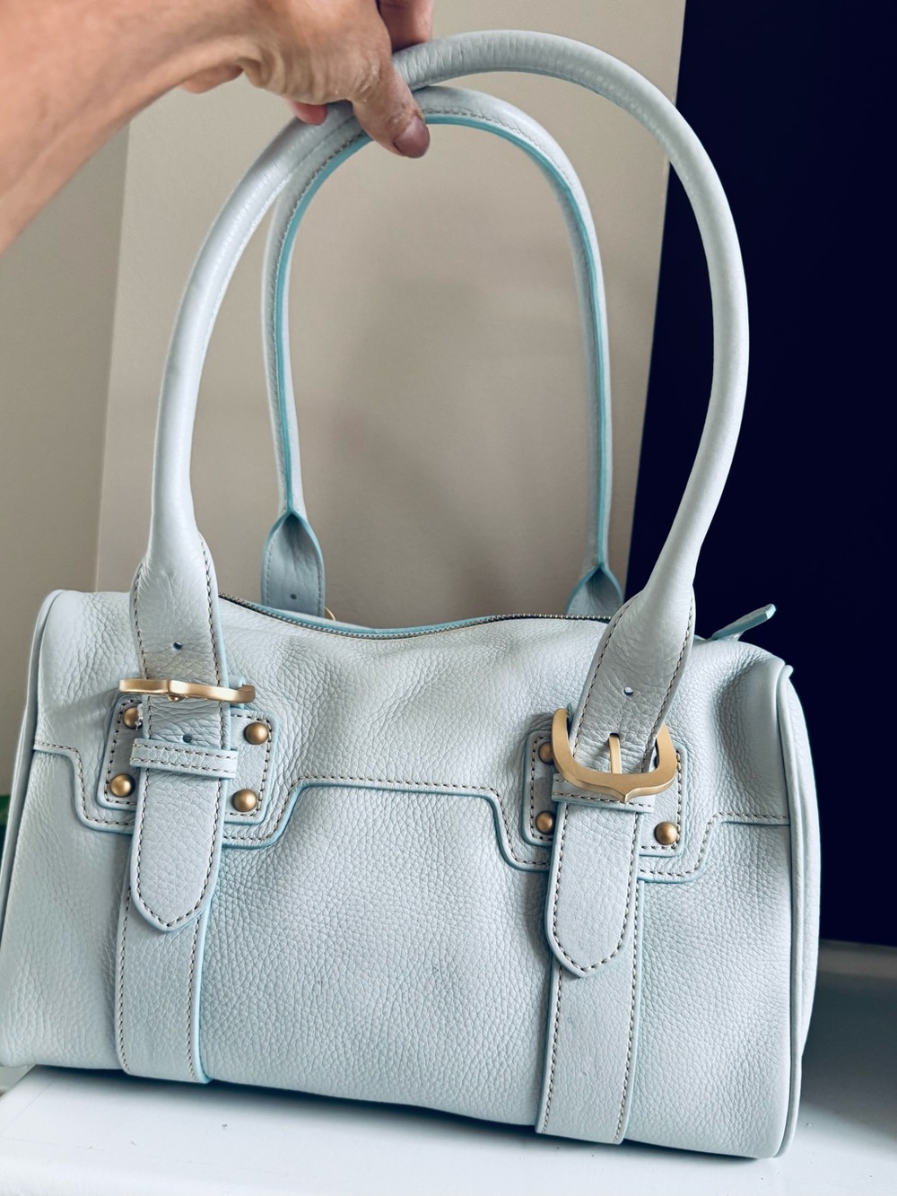 Dooney & Bourke Pale Blue Pebble Leather Satchel with Gold Hardware - Picture 4 of 6
